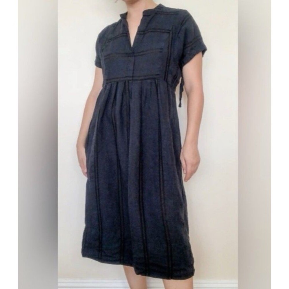 Steven Alan Womens 99% Linen Cotton Navy Black Stripe Dress USA Made Boho Medium - Picture 2 of 16